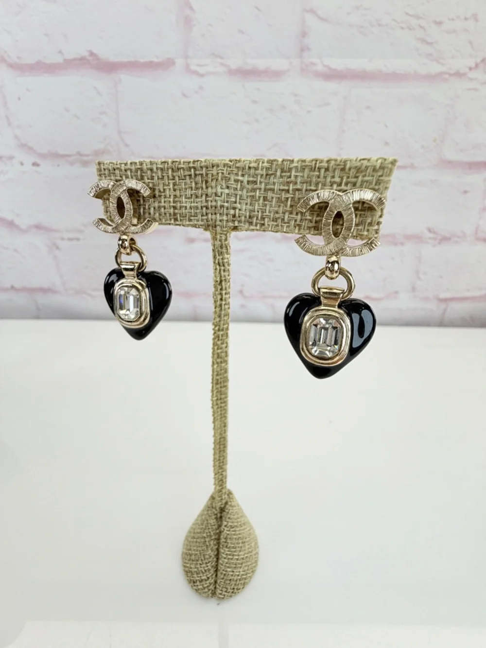 Chanel 2021 Enamel & Strass CC Heart Drop Earrings